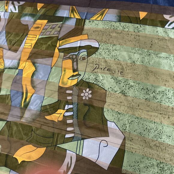 Picasso Print Scarf Multicolor 38”x40” Blue Green Yellow - Picture 1 of 2